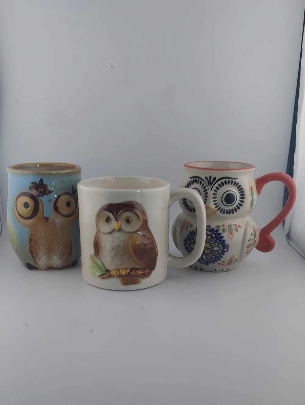 Vintage Owl Mug Set - Blue, White, Cream with Coral Accent